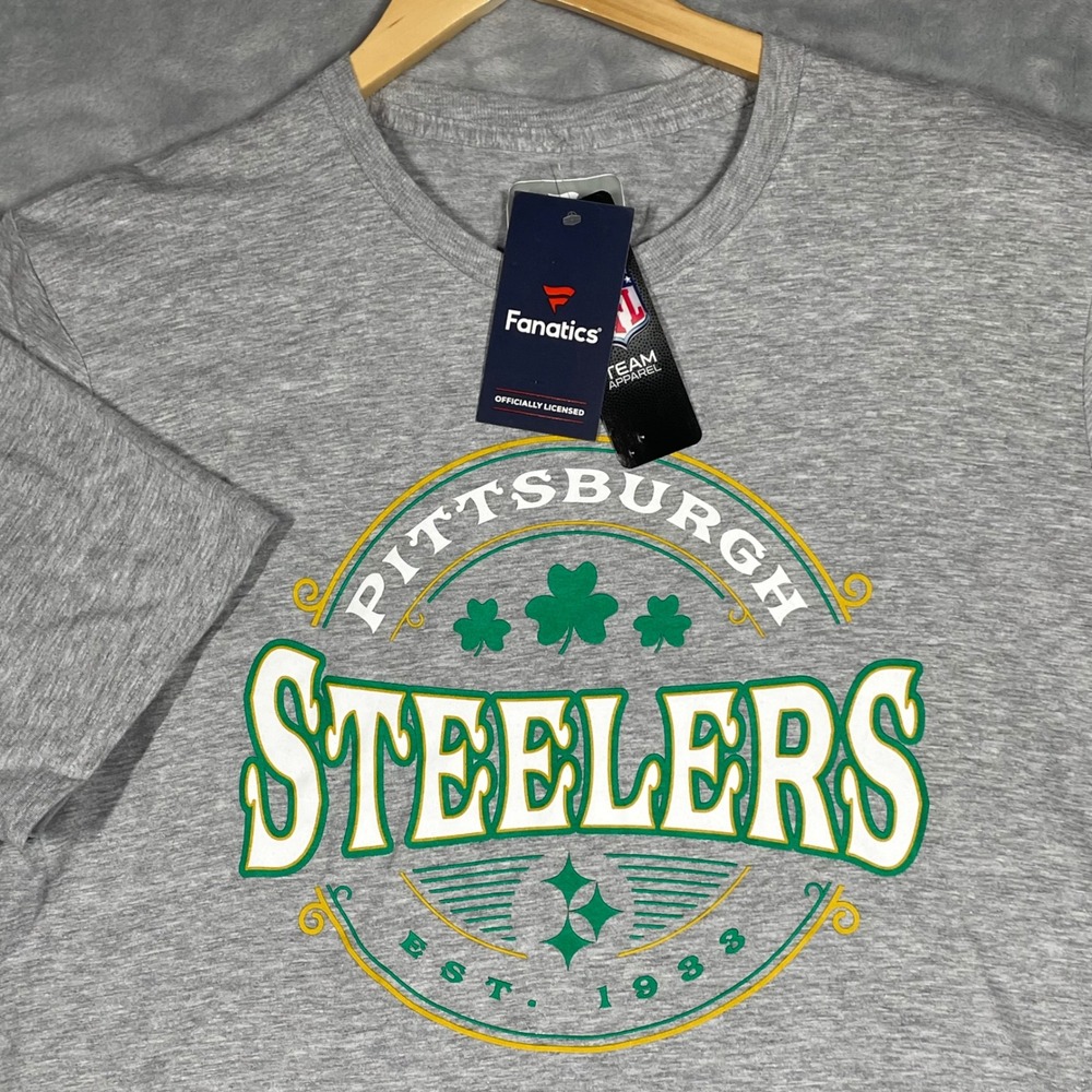 Fanatics Pittsburgh Steelers St Patricks Day Shirt Mens L Gray Shamrock NFL NEW